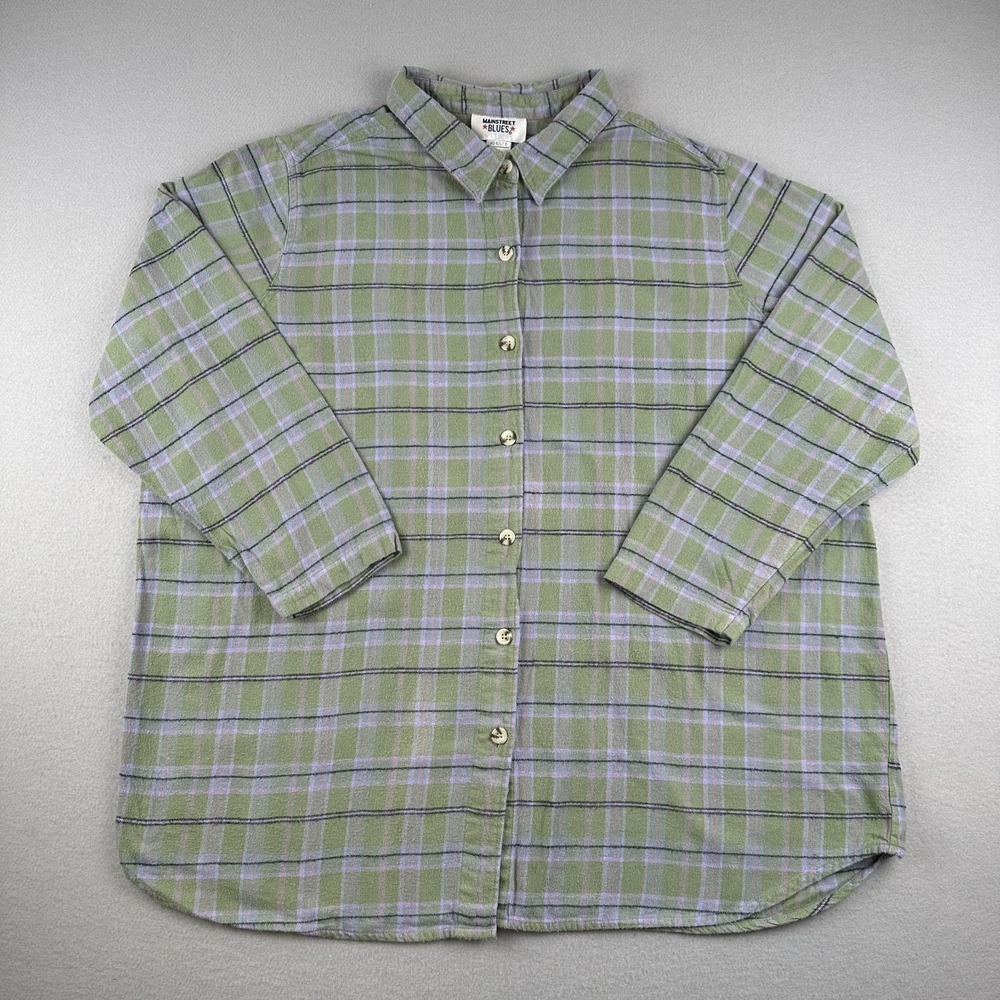 Main Street Blues Women's 2X Green Flannel Button Up Long Sleeve Shirt